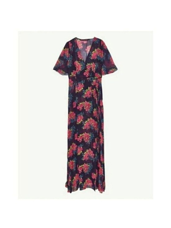 Zara Dresses & Skirts - Zara Blue Maxi Wrap Dress Sheer Floral Chiffon V-Neck Short Flutter Sleeve S
